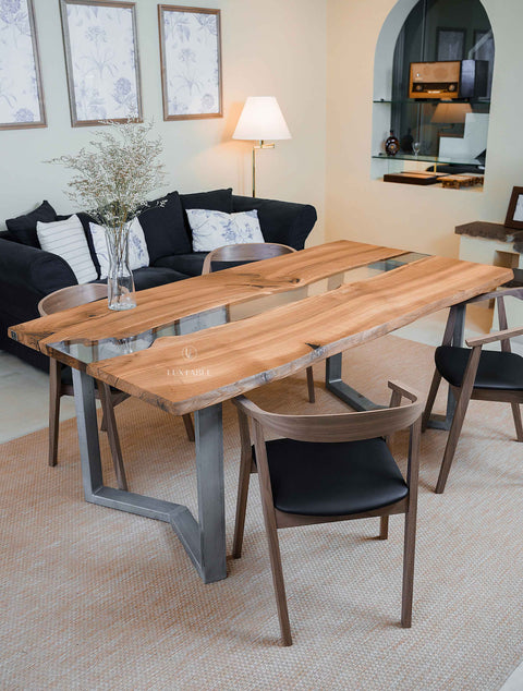 Solid oak dining table with clear epoxy, custom size Dafne
