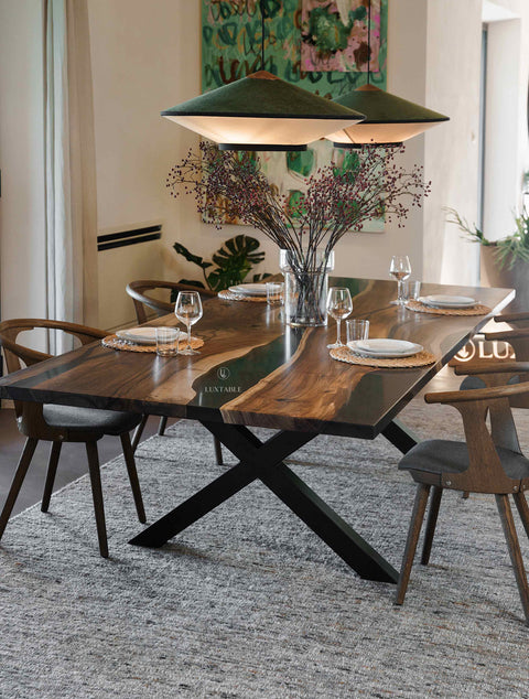 Epoxy river table in walnut wood and smoke gray resin, custom size Marlene