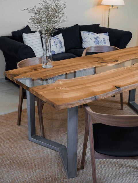 Solid oak dining table with clear epoxy, custom size Dafne