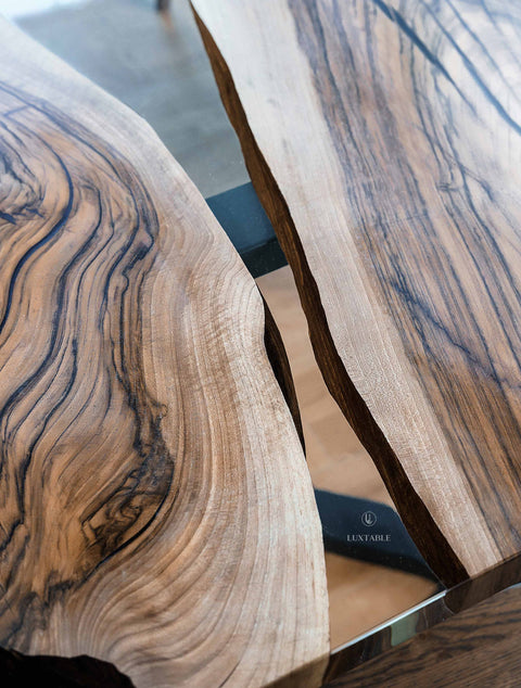 Custom walnut wood table with clear epoxy 300x100cm Abisso