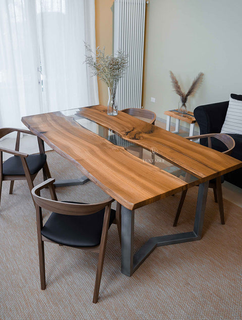 Solid oak dining table with clear epoxy, custom size Dafne