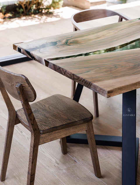 Custom walnut wood table with clear epoxy 300x100cm Abisso