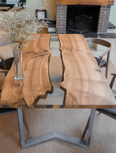 Solid oak dining table with clear epoxy, custom size Dafne