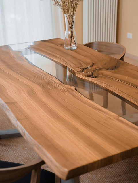 Solid oak dining table with clear epoxy, custom size Dafne