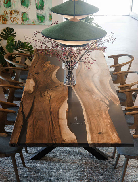 Epoxy river table in walnut wood and smoke gray resin, custom size Marlene
