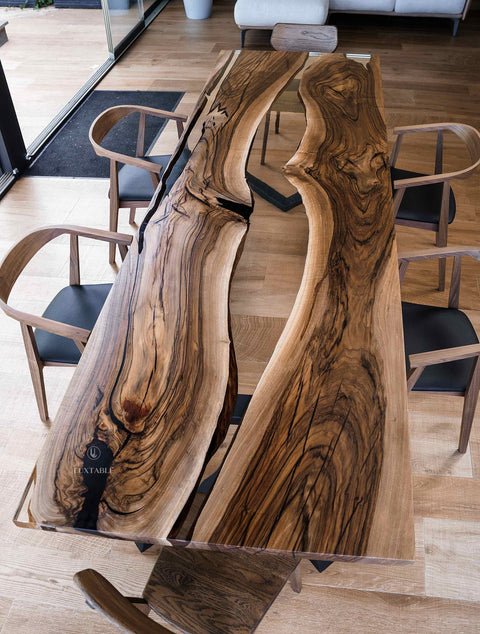Custom walnut wood table with clear epoxy 300x100cm Abisso