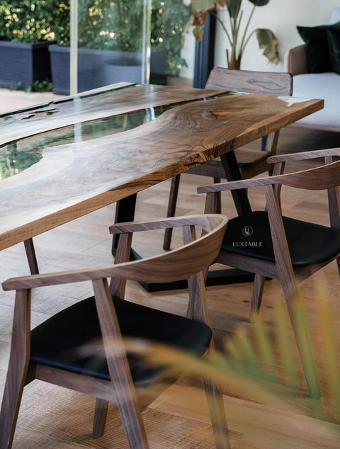 Custom walnut wood table with clear epoxy 300x100cm Abisso