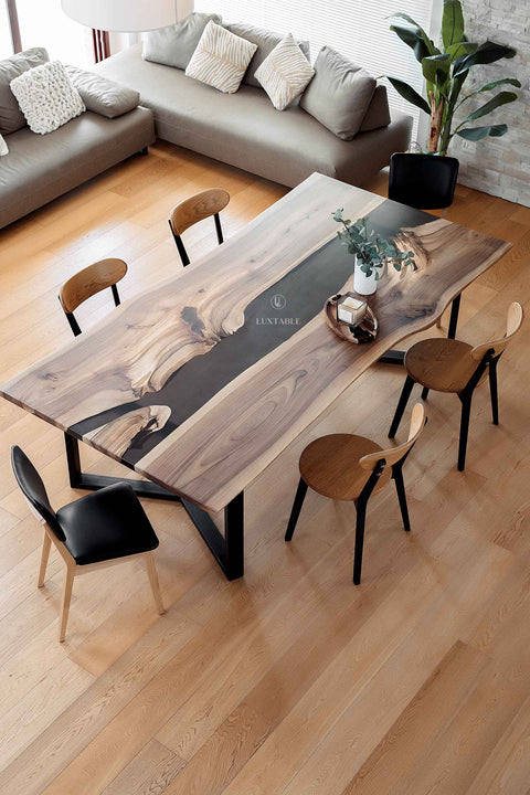 Walnut resin table with smoke gray epoxy, custom size Dante