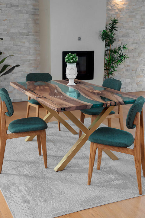 Solid walnut wood table with mint green epoxy, custom size Venezia