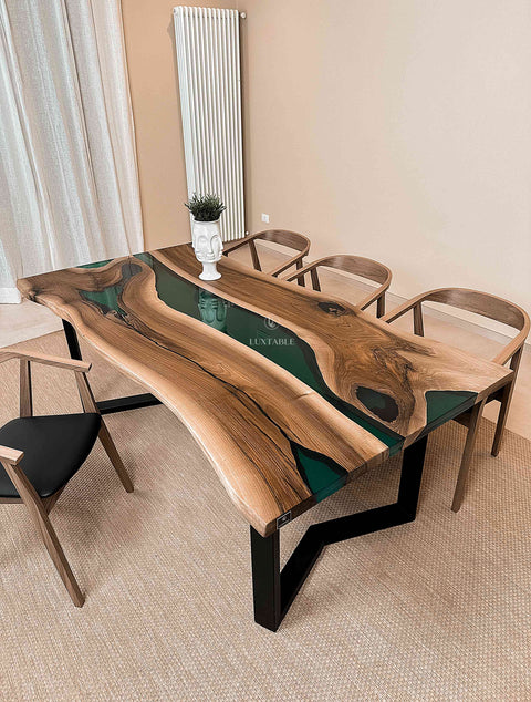 Solid walnut wood dining table with green resin, custom size Emerald