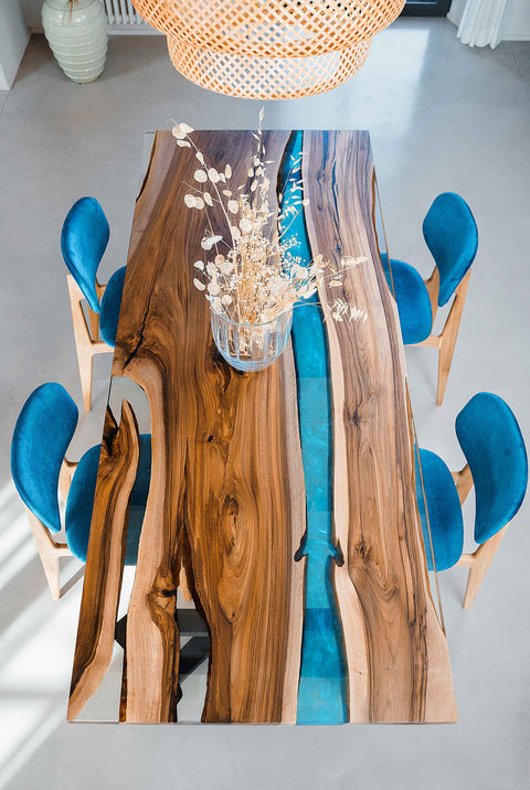 Clear and blue epoxy resin table in walnut wood various sizes Sky