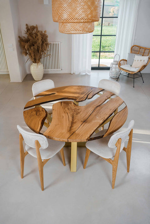 Round resin table in solid oak and clear epoxy, custom size Paris