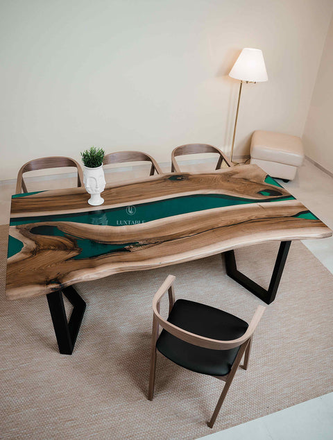 Solid walnut wood dining table with green resin, custom size Emerald