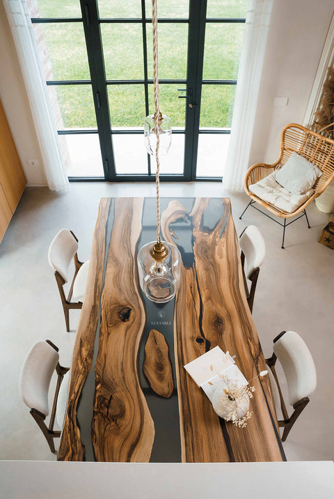 Handmade resin table in walnut wood and smoke gray epoxy, custom size Aria