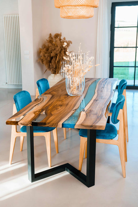 Clear and blue epoxy resin table in walnut wood various sizes Sky