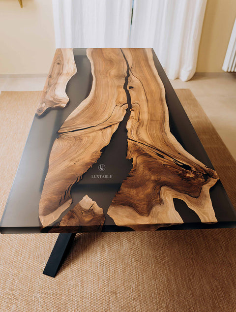 Walnut wood table with smoke gray epoxy, various sizes La Stella Vespertina