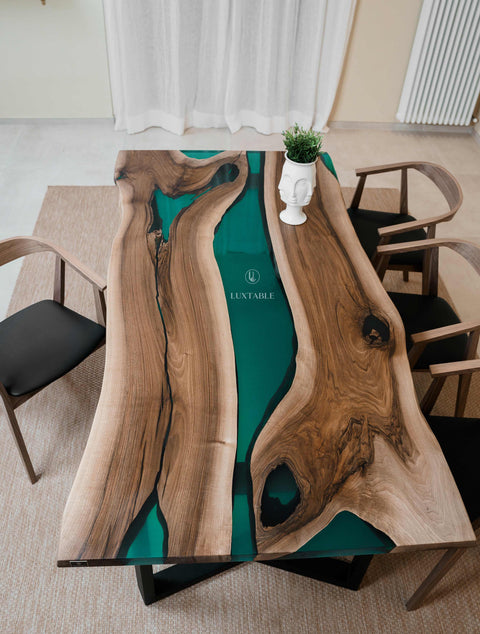 Solid walnut wood dining table with green resin, custom size Emerald