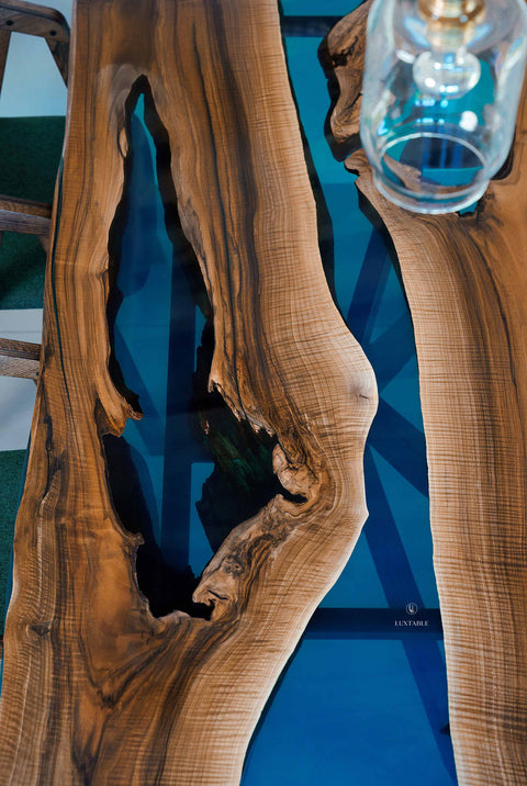 Blue-green epoxy river table in walnut wood, custom size Oceana