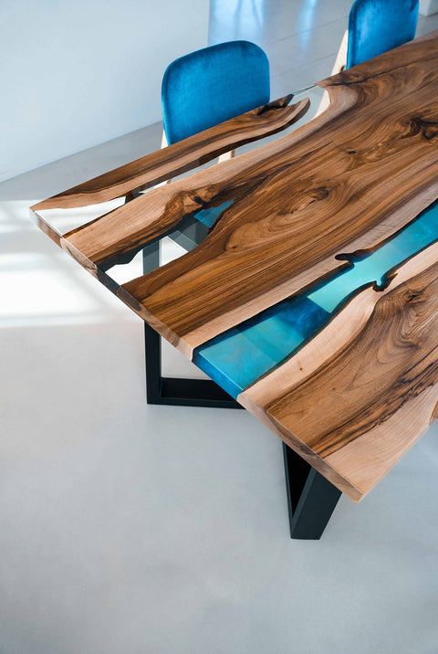 Clear and blue epoxy resin table in walnut wood various sizes Sky