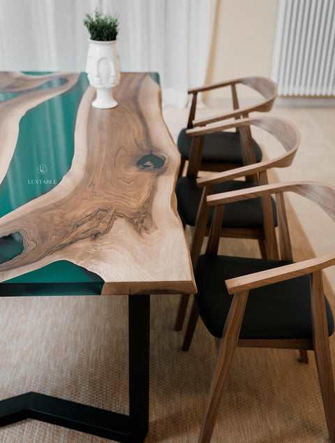 Solid walnut wood dining table with green resin, custom size Emerald