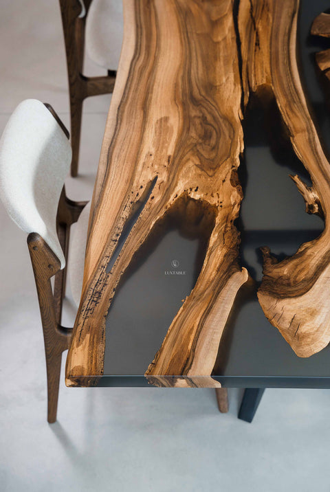 Handmade resin table in walnut wood and smoke gray epoxy, custom size Aria