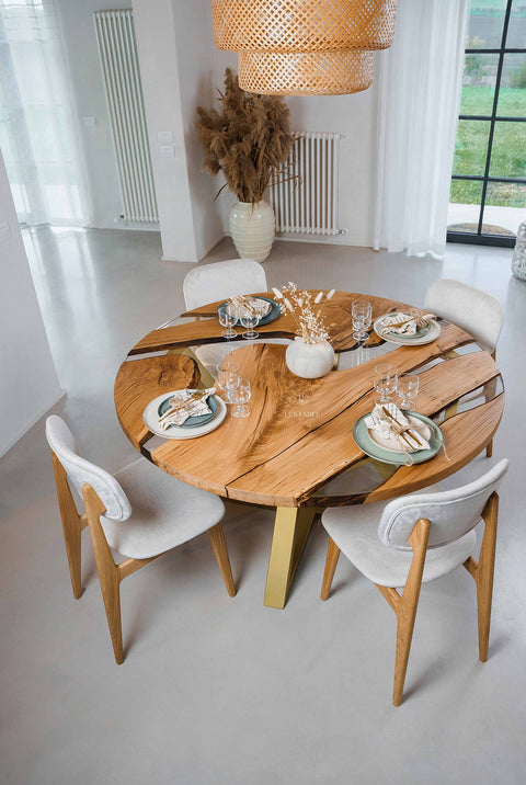 Round resin table in solid oak and clear epoxy, custom size Paris