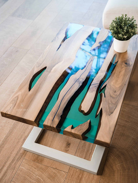 Walnut wood coffee table with blue-green epoxy, custom size Sorrento