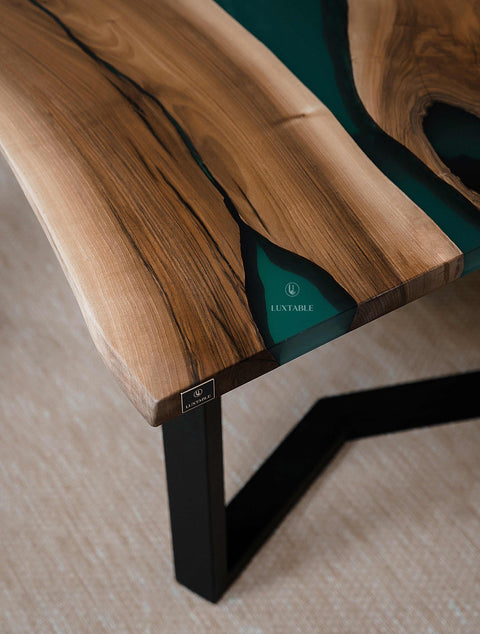 Solid walnut wood dining table with green resin, custom size Emerald