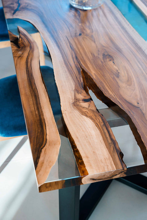 Clear and blue epoxy resin table in walnut wood various sizes Sky