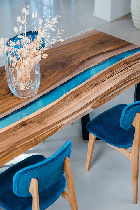 Clear and blue epoxy resin table in walnut wood various sizes Sky