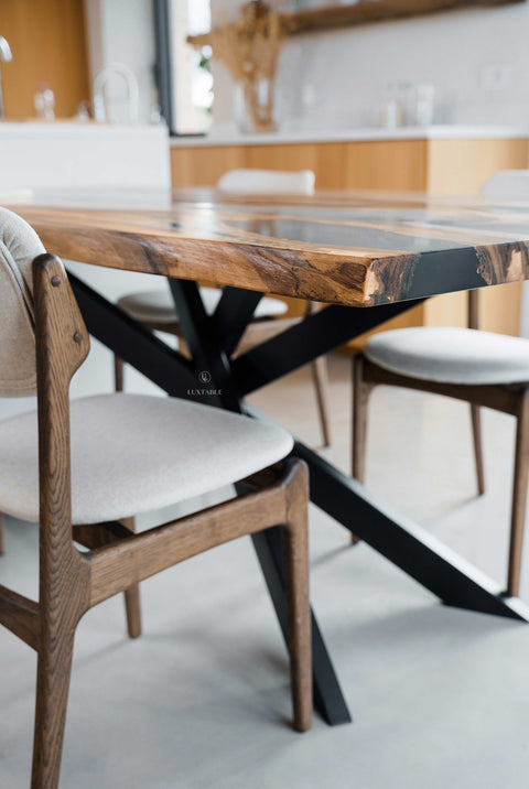 Handmade resin table in walnut wood and smoke gray epoxy, custom size Aria