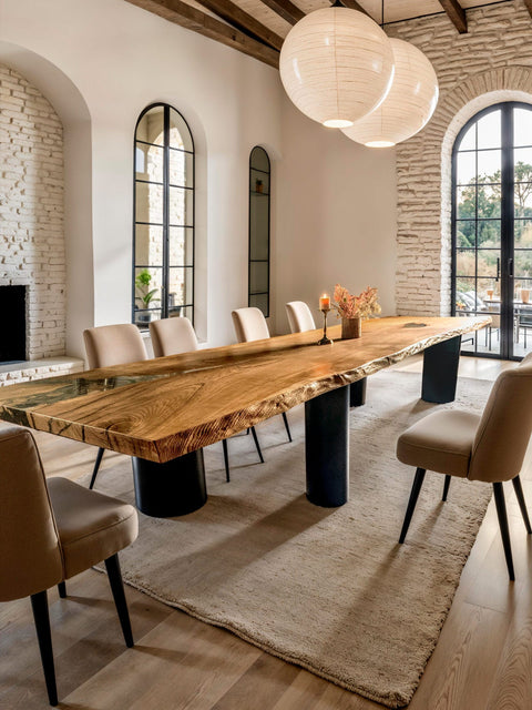 Massiver Eschentisch Impero aus einer seltenen Bohle mit Harz