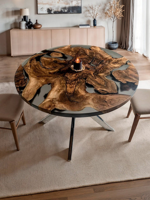 Round dining table from walnut root with smoky matte resin Amara