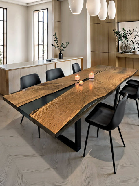 Tisch Velvet aus Eiche massiv mit rauchgrauem Epoxidharz und U-Gestell