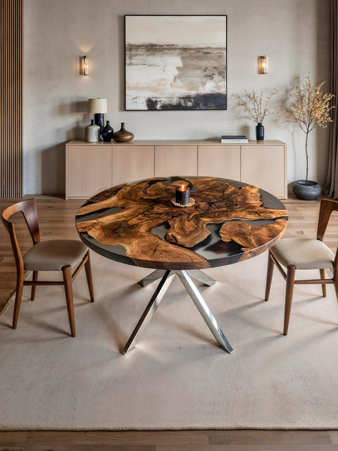 Runder Esstisch aus Nussbaumwurzel & rauchigem Harz Amara