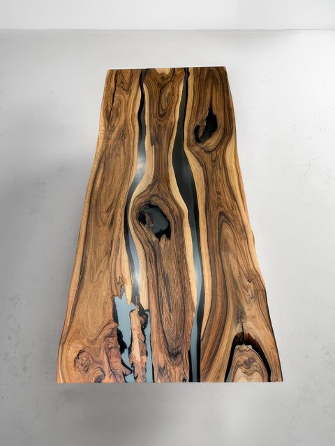 Epoxy table in solid walnut with two smoky matte resin rivers Sereno