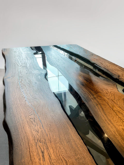 Ancient bog oak table with transparent glossy epoxy resin Echo