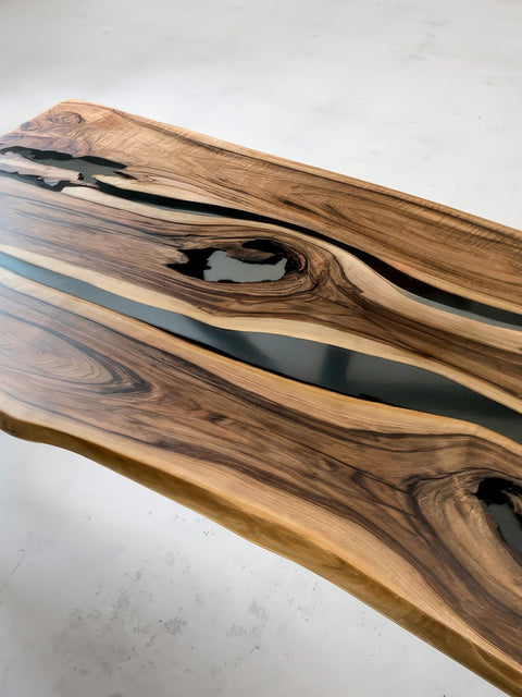 Epoxy table in solid walnut with two smoky matte resin rivers Sereno