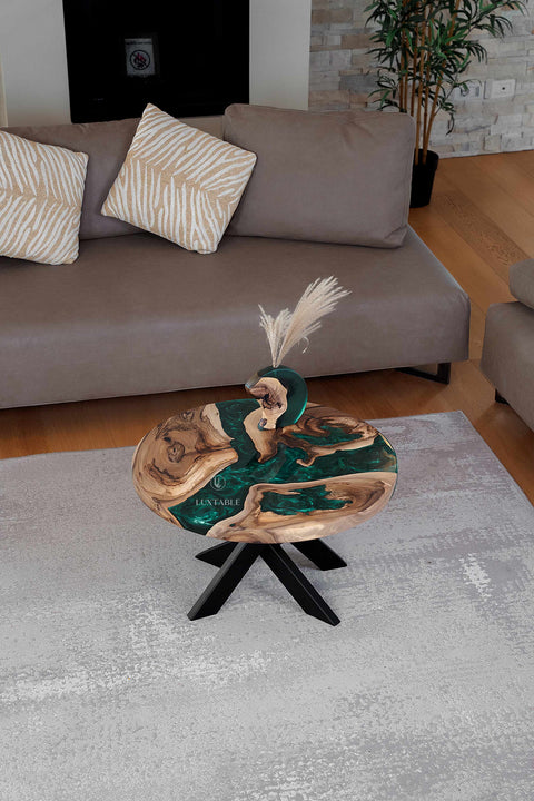 Walnut wooden coffee table green resin, custom size Smeralda