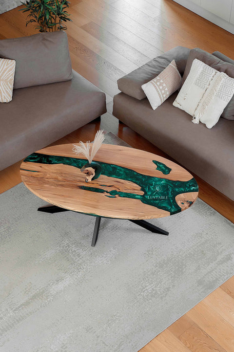 Solid oak coffee table green pigmented epoxy, various sizes Siena