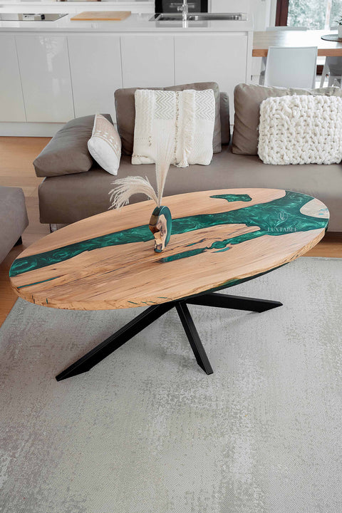Solid oak coffee table green pigmented epoxy, various sizes Siena