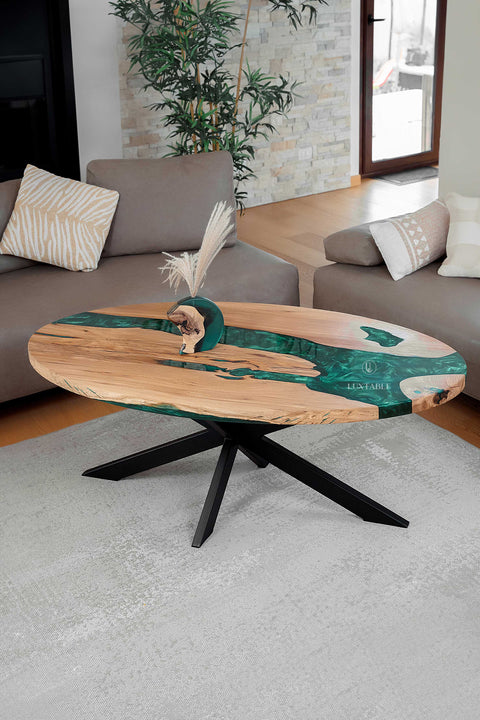 Ovaler Couchtisch Siena aus Eiche mit grünem Epoxidharz – LUXTABLE DE