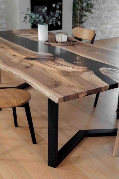 Walnut resin table with smoke gray epoxy, custom size Dante
