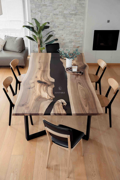 Walnut resin table with smoke gray epoxy, custom size Dante