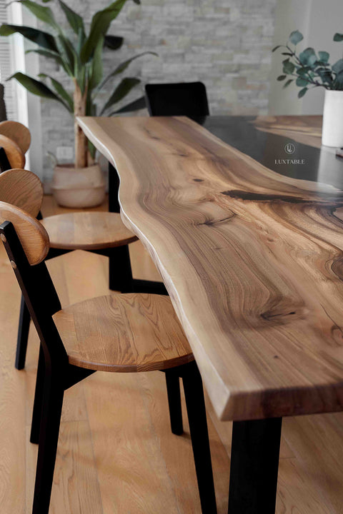Walnut resin table with smoke gray epoxy, custom size Dante