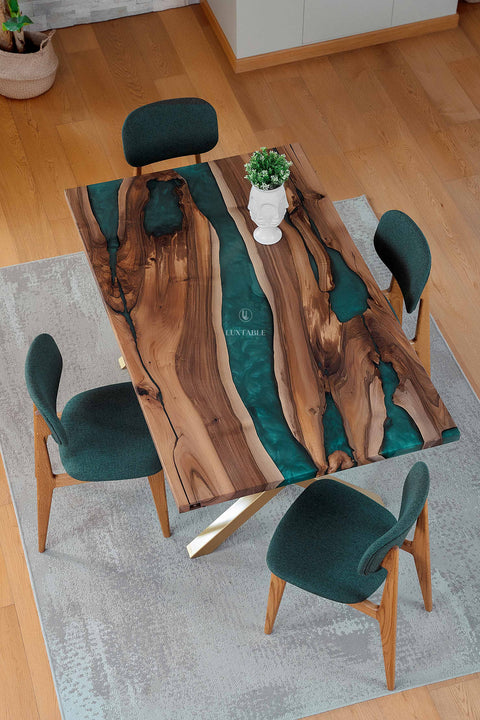 Solid walnut wood table with mint green epoxy, custom size Venezia