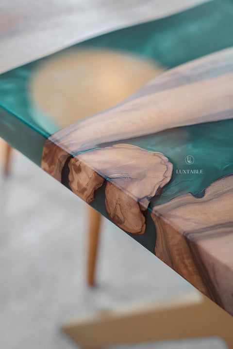 Solid walnut wood table with mint green epoxy, custom size Venezia