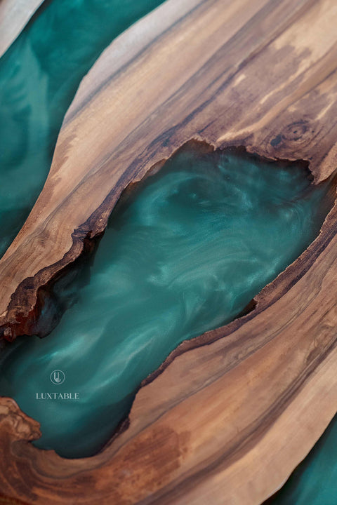 Solid walnut wood table with mint green epoxy, custom size Venezia