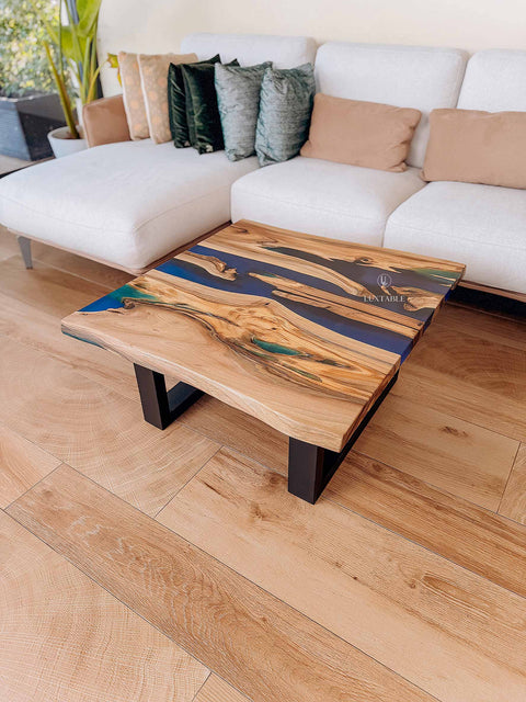 Walnut wood coffee table with blue epoxy, custom size Ocean Breeze