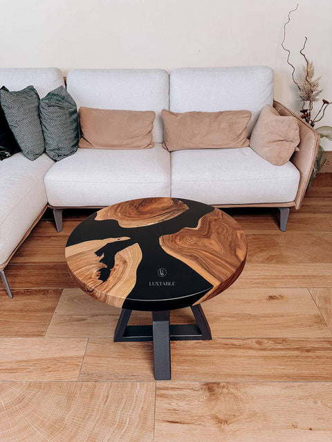 Black epoxy coffee table in solid walnut, custom size Noir